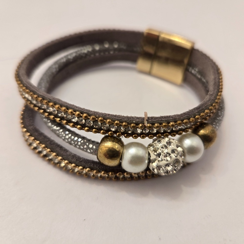 Multi-Strand Faux Leather Bracelet Gold Tone Beads Pearls Rhinestones Magnetic C